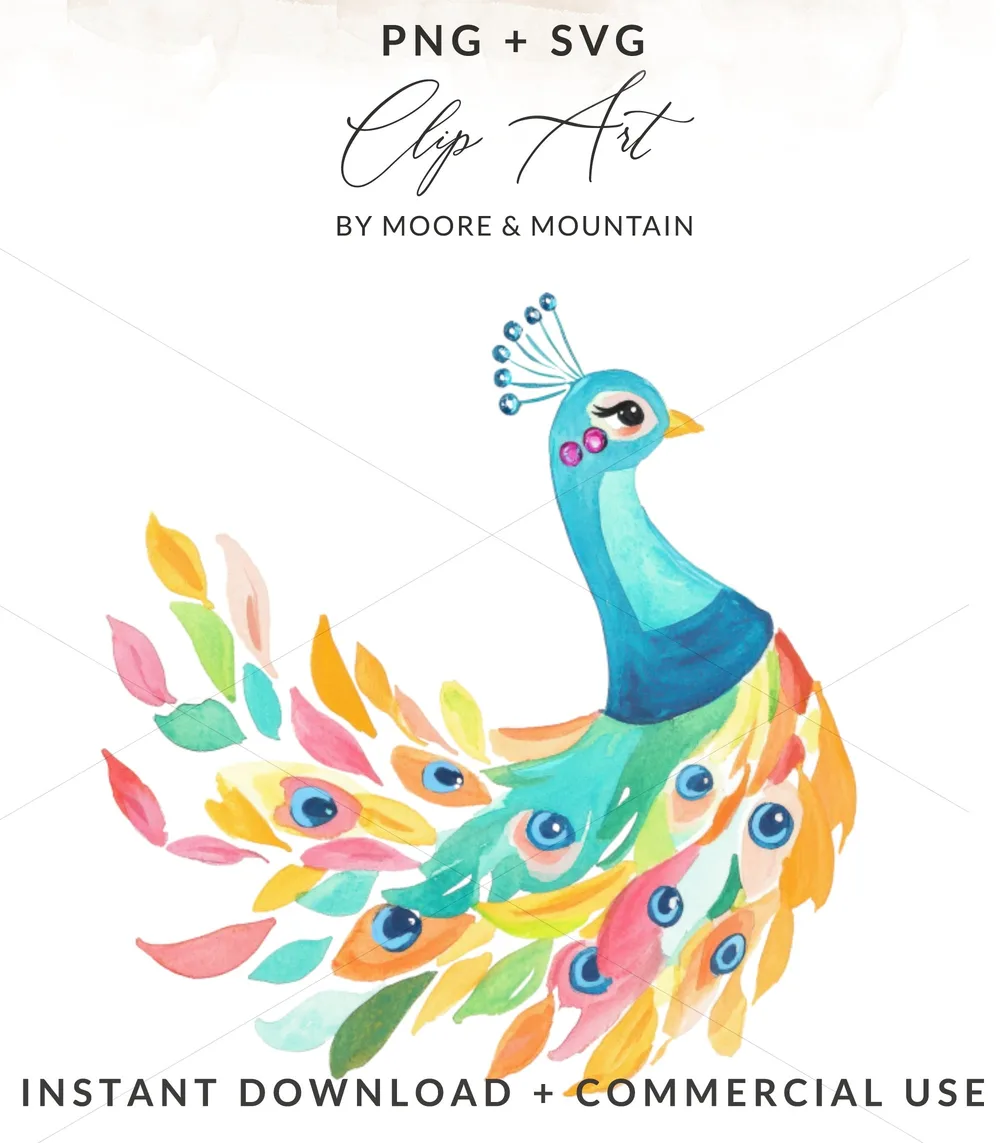 Watercolor peacock illustration with flowing tail feathers, PNG + SVG.