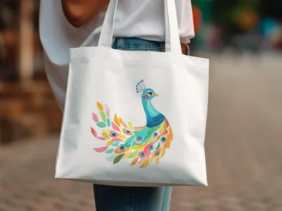 White tote bag with a watercolor peacock design.