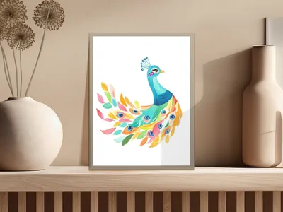 Watercolor peacock art print with colorful tail feathers displayed in a white frame.