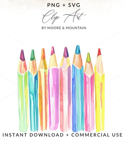 Preppy Pencils Digital Art, Watercolor Pencils Clipart, Rainbow Pastel Design, Colorful School Supplies, Cricut SVG Download, Planner