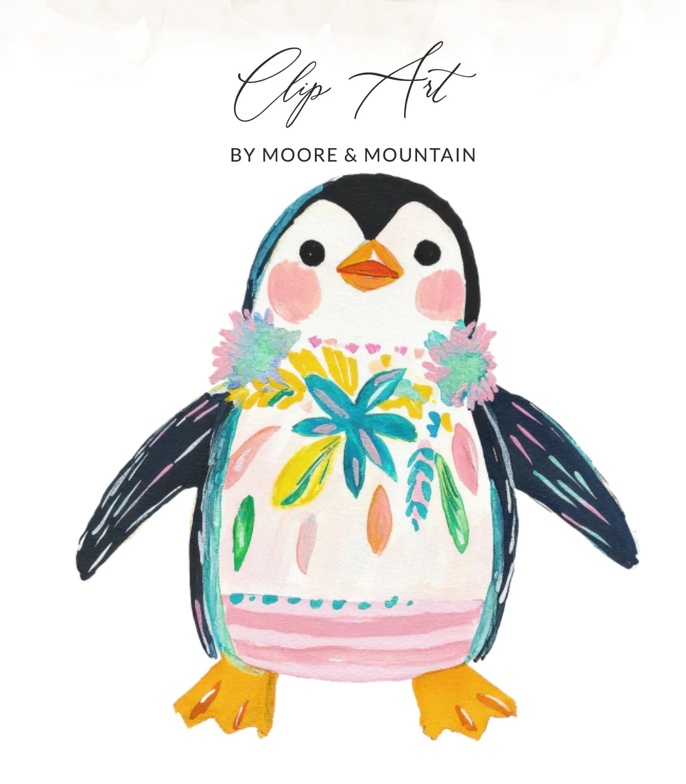 Whimsical painted penguin with floral details and a pink striped belly.