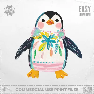 Whimsical watercolor penguin with floral necklace, "EASY DOWNLOAD" text.
