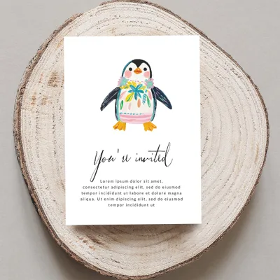 Penguin invitation with "You're invited" and placeholder text.