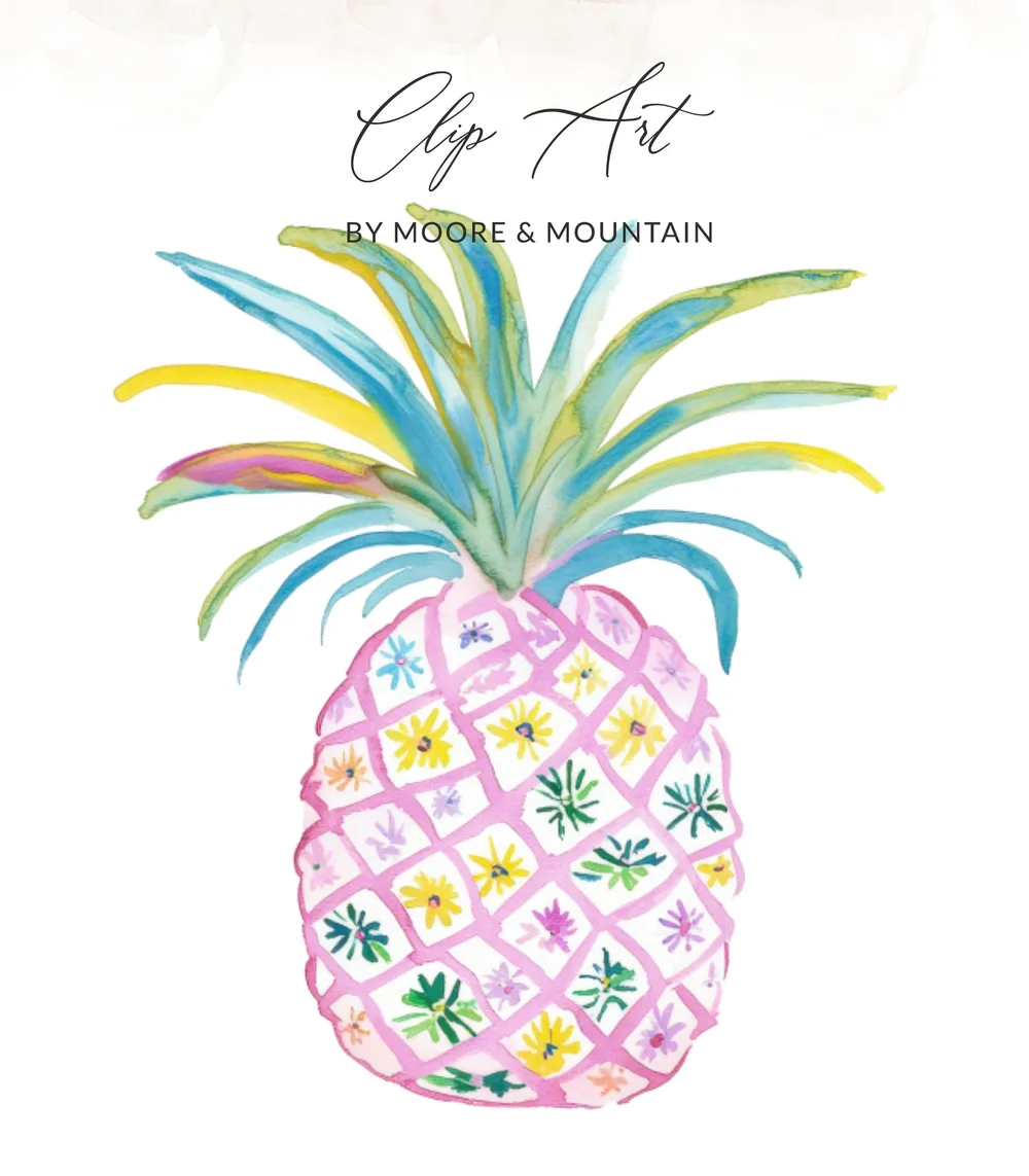 Watercolor pineapple clip art with colorful leaves and floral pattern.