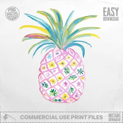 Pink pineapple with floral pattern, watercolor style, with "Easy Download" text.