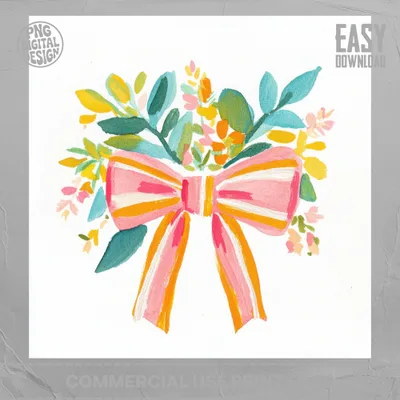 Pink and orange bow with floral watercolor elements, easy download.