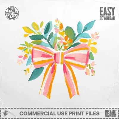 Pink bow with colorful floral accents, easy download.