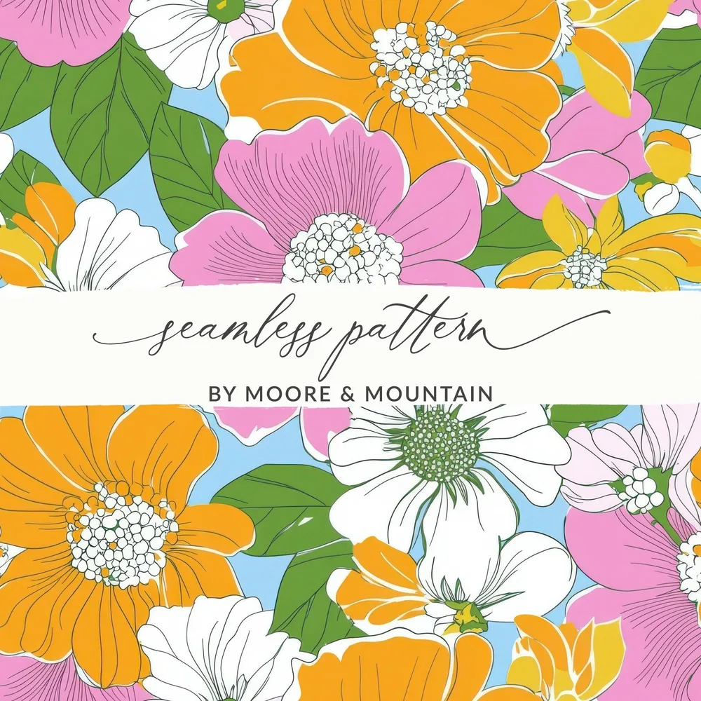Preppy Pink Digital Download, Groovy floral background, 60s floral pattern, Retro Seamless Flowers, Floral Clipart, Y2K aesthetic - Moore and Mountain