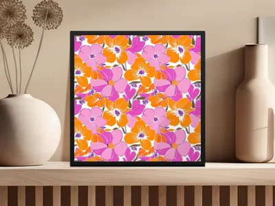 Preppy Pink Orange 60's Floral Pattern, Seamless Pattern, Digital Background, Flower Illustration, Repeating Design, Digital Paper - Moore and Mountain