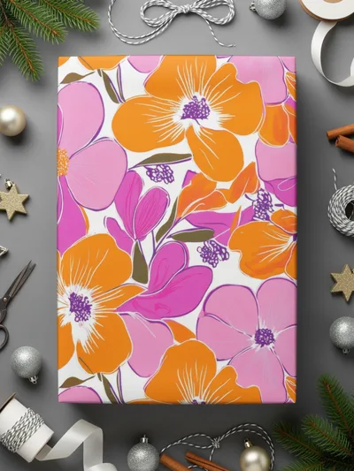 Preppy Pink Orange 60's Floral Pattern, Seamless Pattern, Digital Background, Flower Illustration, Repeating Design, Digital Paper - Moore and Mountain