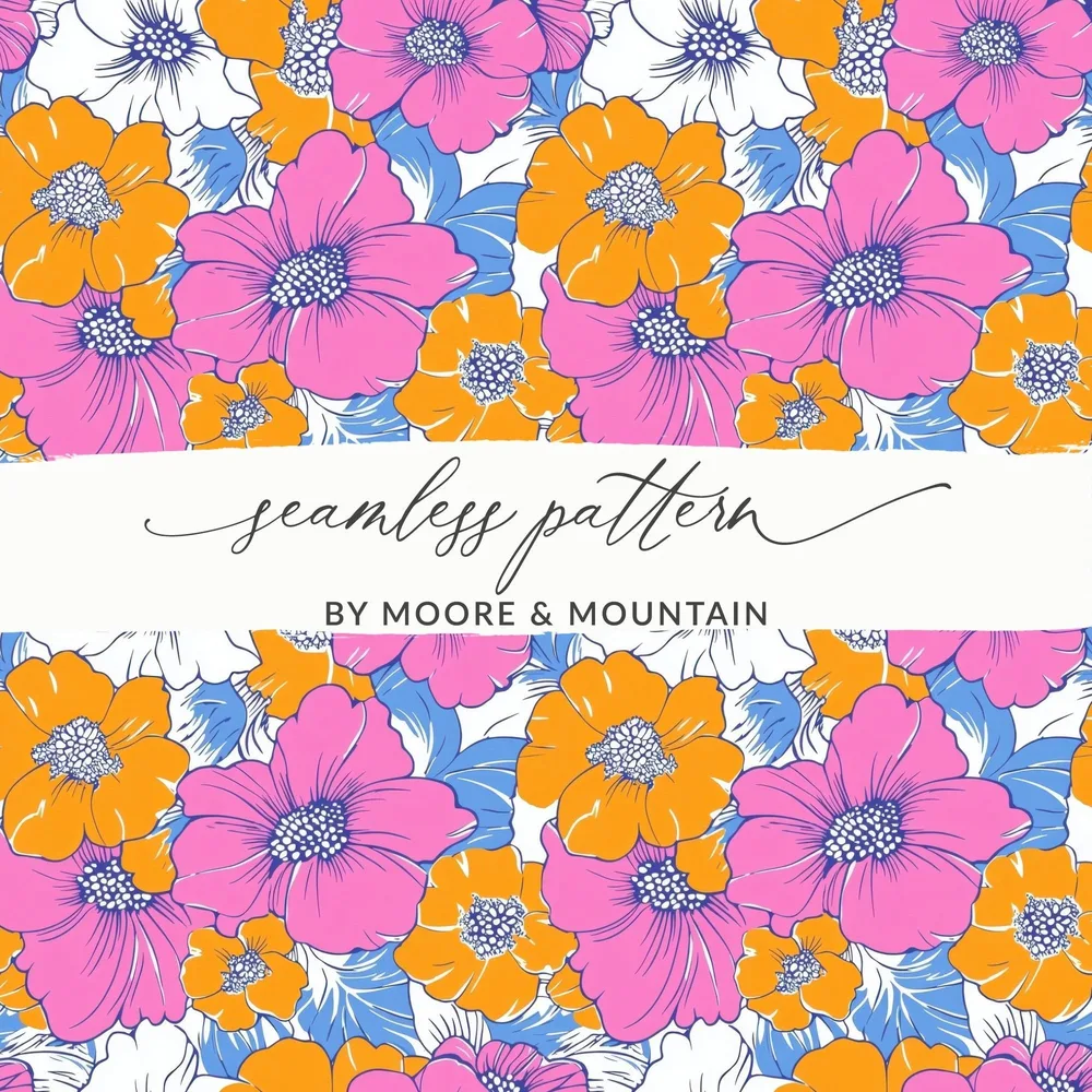Preppy Pink Orange Floral Seamless Pattern, 60's Floral Pattern, Digital Background, Digital Paper, Retro Flower Pattern, Digital product - Moore and Mountain