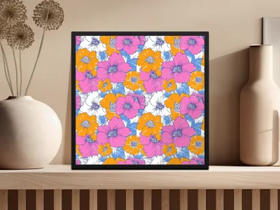 Preppy Pink Orange Floral Seamless Pattern, 60's Floral Pattern, Digital Background, Digital Paper, Retro Flower Pattern, Digital product - Moore and Mountain