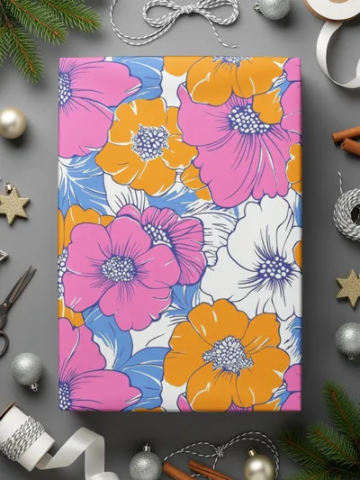 Preppy Pink Orange Floral Seamless Pattern, 60's Floral Pattern, Digital Background, Digital Paper, Retro Flower Pattern, Digital product - Moore and Mountain