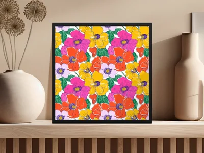 Preppy Pink Orange Yellow Floral 60's Floral Pattern, Seamless Pattern, Digital Background, Digital Paper, Fabric Design, Digital Product - Moore and Mountain