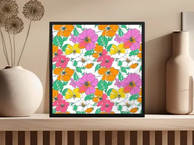 Preppy Pink, Orange, Yellow Floral Seamless Pattern, 60's floral pattern, Digital Background, Commercial Use, Repeat Pattern - Moore and Mountain