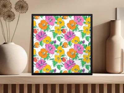Preppy Pink Orange Yellow Floral Seamless Pattern, 60's floral pattern, Digital Background, Repeat Pattern, Fabric Design, Digital Paper, Digital - Moore and Mountain