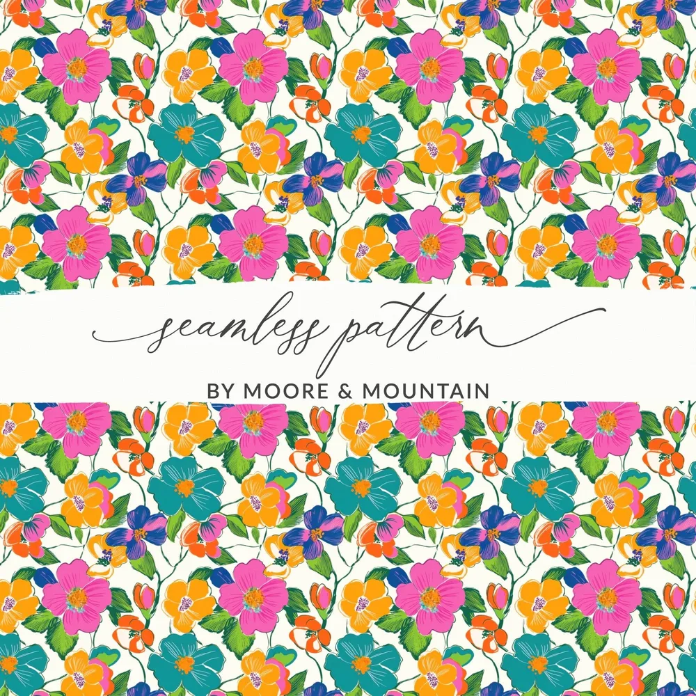 Preppy Pink Teal Orange Floral Seamless Pattern, Digital Background, 60s Floral Pattern, Colorful Flower Fabric Design, Repeat Print, Digital - Moore and Mountain