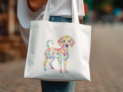 White tote bag with colorful watercolor poodle illustration.