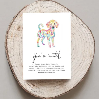 Watercolor poodle invitation with "You're invited" and placeholder text.