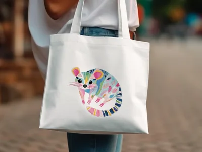 White tote bag with colorful, abstract patterned opossum graphic.