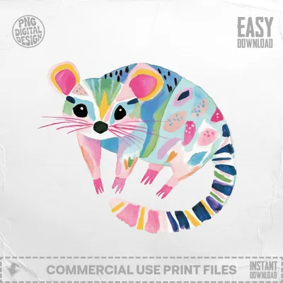 Colorful watercolor raccoon with pink ears and striped tail.