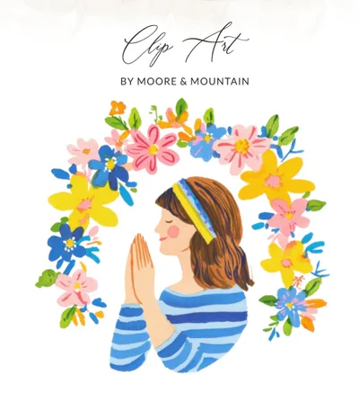 Preppy Praying Girl PNG SVG, Gouache Floral Illustration, Watercolor Graphic, Painterly Pastel Artwork, Artsy Girly Design, Vibrant SVG