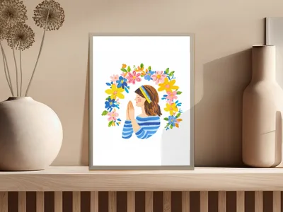 Illustration of a woman with hands clasped, framed by colorful flowers.