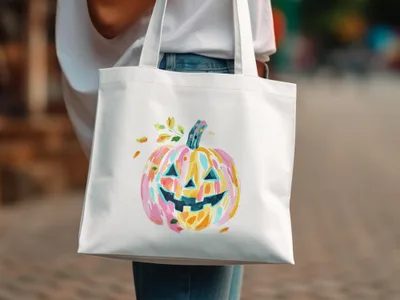 White tote bag with a colorful, watercolor-style pumpkin graphic.