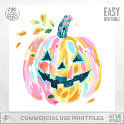 Colorful painted pumpkin with a playful jack-o'-lantern face and leaves.