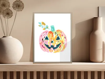 Watercolor illustration of a smiling, colorful pumpkin with a green stem.