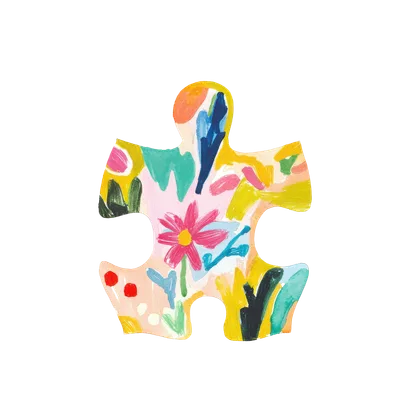 Colorful abstract puzzle piece with flower on white background.