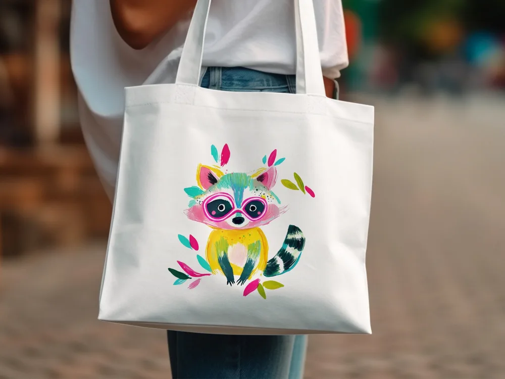 White canvas tote bag with a colorful cartoon raccoon illustration.