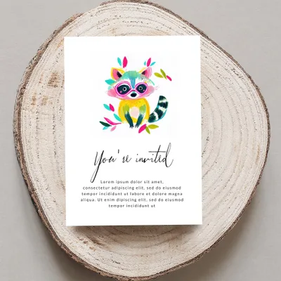 Whimsical raccoon illustration on invitation: "You're invited" and placeholder text.