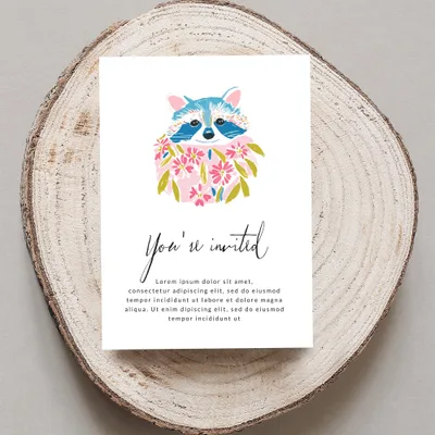 Invitation with raccoon illustration and placeholder text.