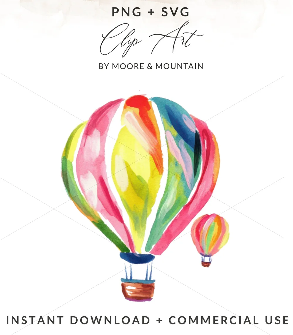 Watercolor hot air balloons, one large and one small.