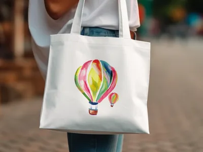 White tote bag with watercolor hot air balloon design.