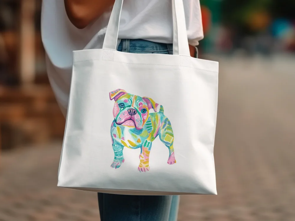 White tote bag with colorful abstract bulldog illustration.