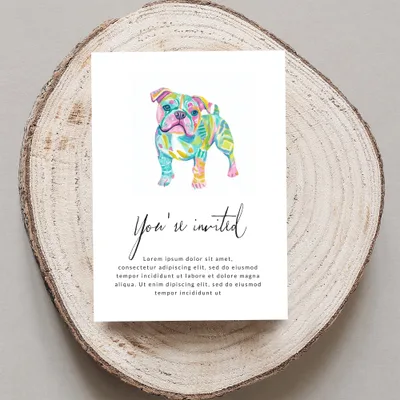Watercolor bulldog illustration on "You're invited" card with placeholder text.