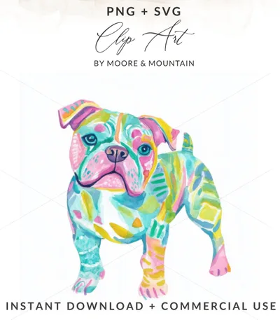 Colorful abstract bulldog clip art with "PNG + SVG" and "Instant Download" text.