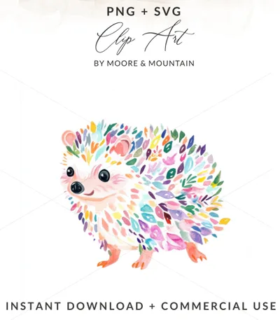 Watercolor hedgehog clip art with colorful leaves for sale as instant download.