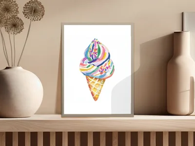 Watercolor illustration of a colorful ice cream cone with sprinkles.