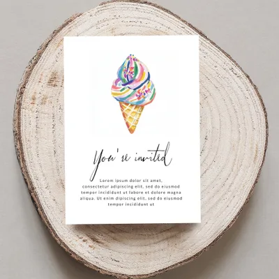 Invitation with colorful ice cream cone and "You're invited" text.