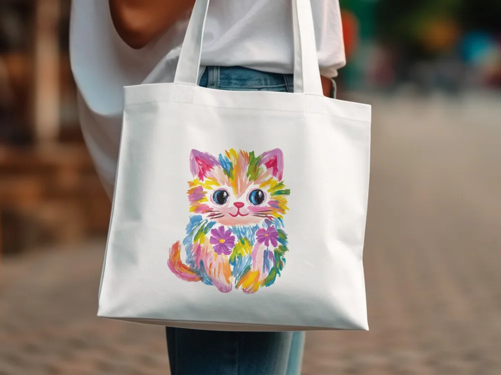 White canvas tote bag with a colorful watercolor kitten illustration.