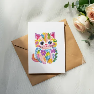 Colorful cartoon cat with flowers on a card placed on a brown envelope.
