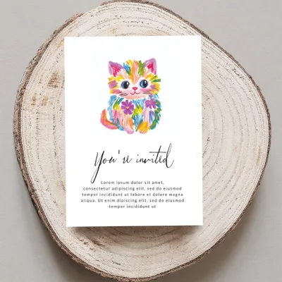 Colorful watercolor kitten on an invitation that reads "You're invited" and placeholder text.