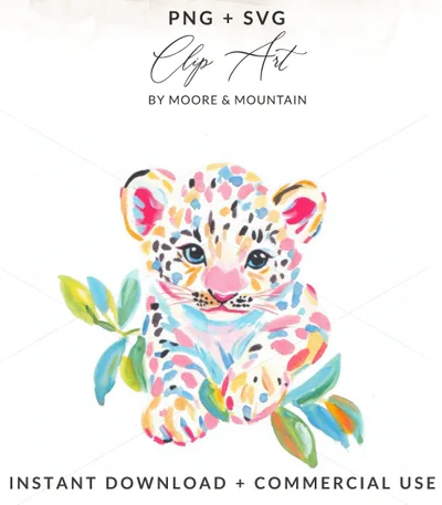 Watercolor leopard cub illustration with colorful spots and green leaves.