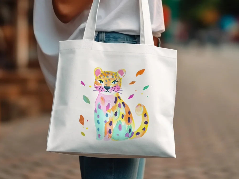 White canvas tote bag with colorful watercolor leopard illustration and falling leaves.