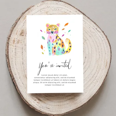Illustrated leopard on an invitation with "You're invited" text.