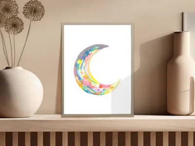 Abstract watercolor crescent moon with glitter in a light gray frame.