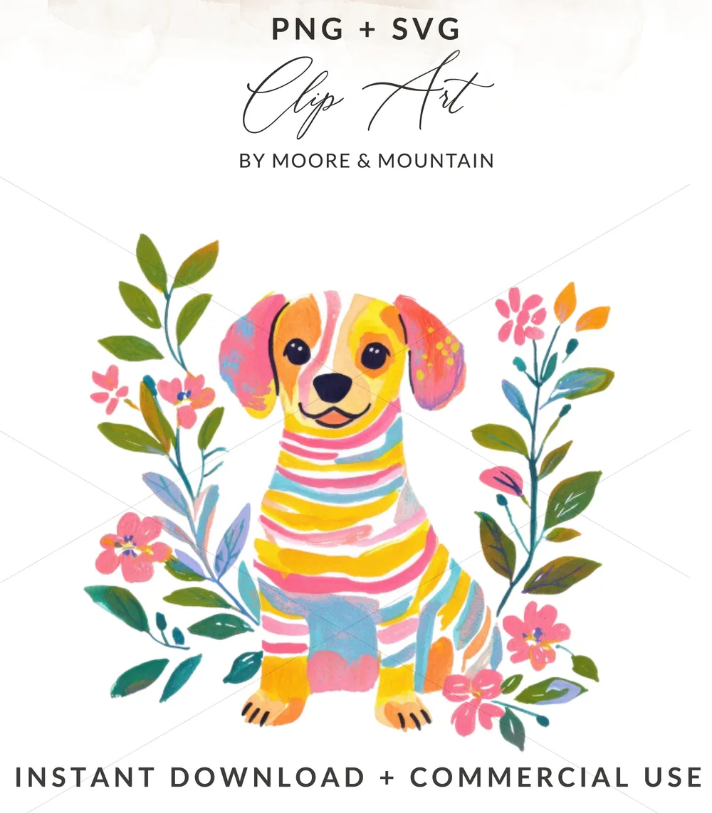 Colorful striped dog surrounded by flowers, PNG + SVG.